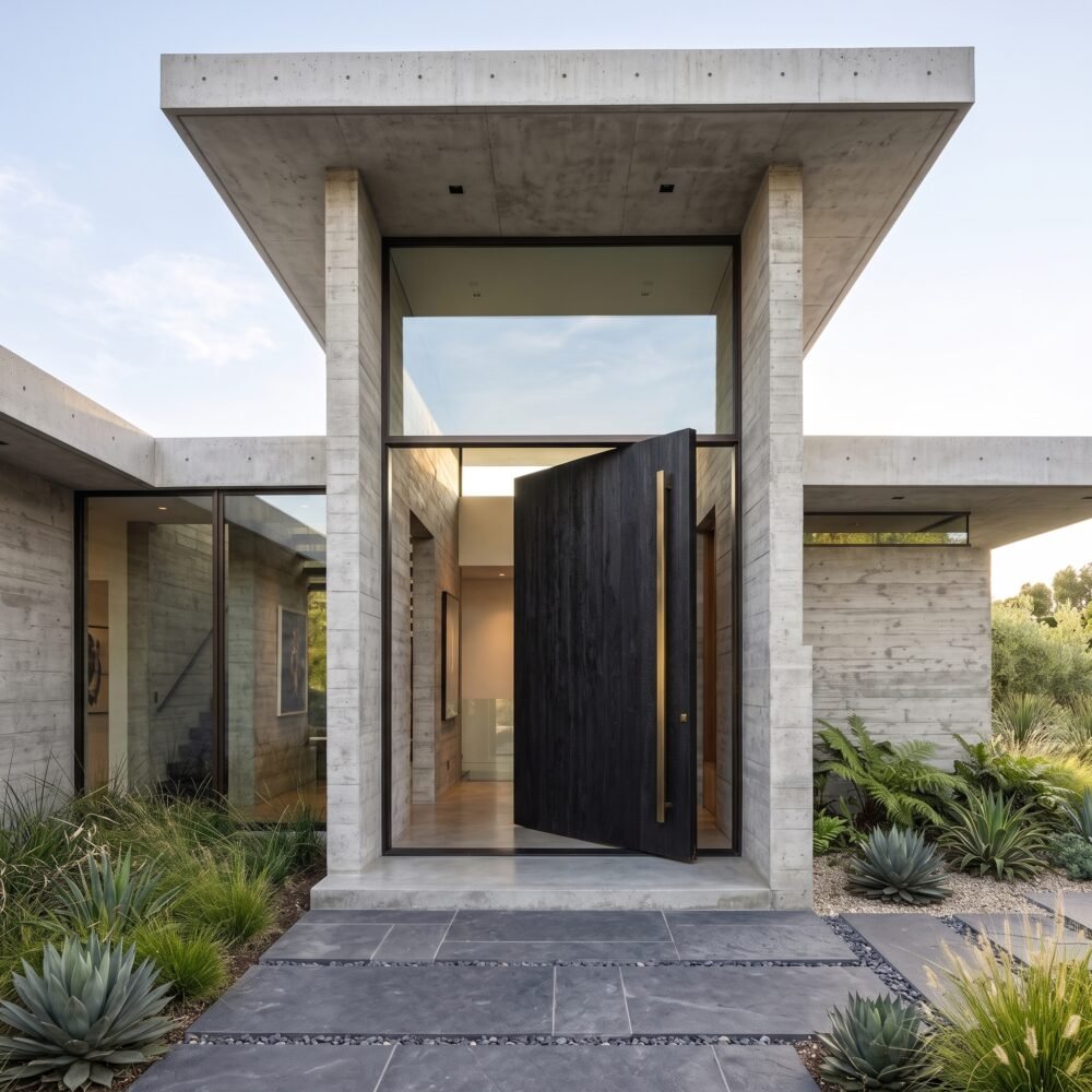 Modern black double heighted pivot door with oversized architectural entrance and concrete exterior