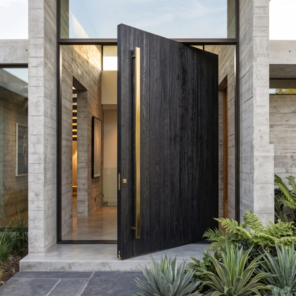Modern black double heighted pivot door with oversized architectural entrance and concrete exterior