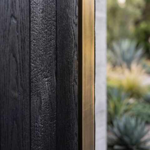 Modern black double heighted pivot door with oversized architectural entrance and concrete exterior