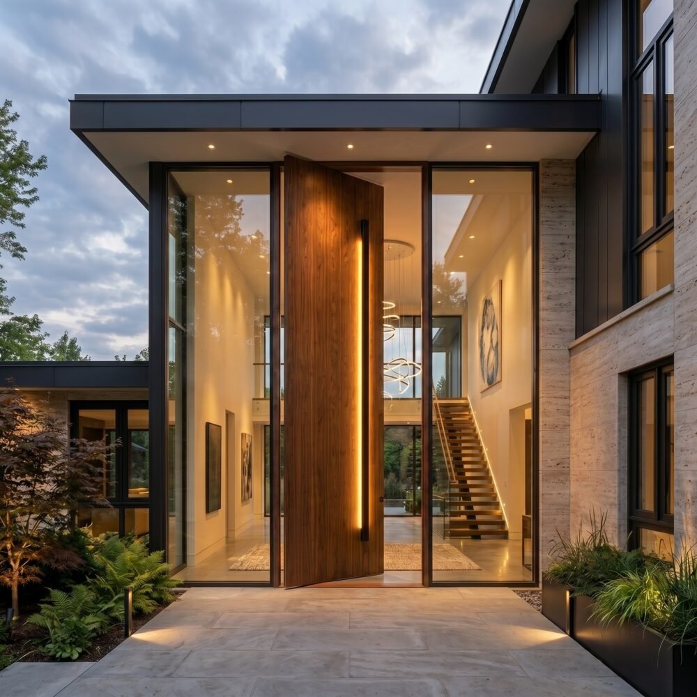 Double heighted modern wood pivot door with full-height glass panels at a luxury contemporary home entrance