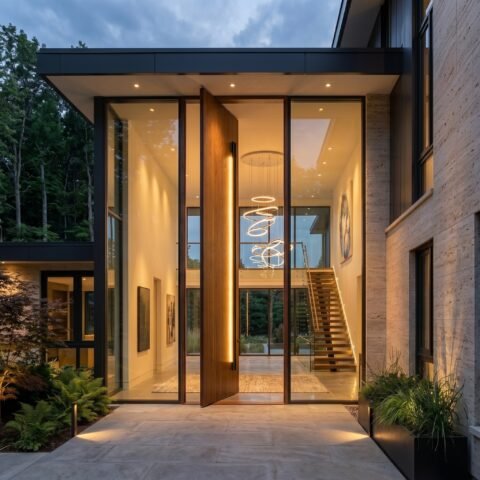 Double heighted modern wood pivot door with full-height glass panels at a luxury contemporary home entrance
