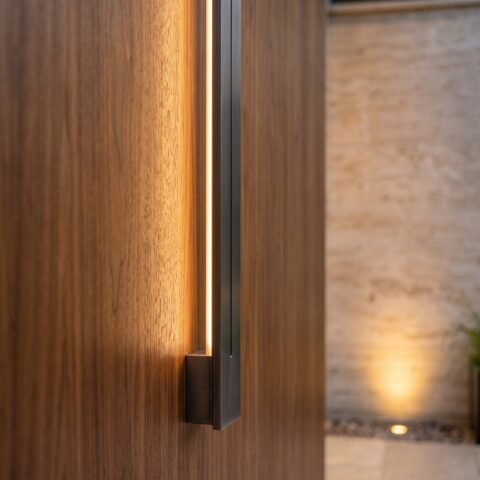 Double heighted modern wood pivot door with full-height glass panels at a luxury contemporary home entrance