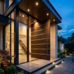 Shop a modern double heighted wood pivot door with rich dark wood finish, horizontal metal inlays, oversized proportions, and a premium architectural design for luxury entrances.