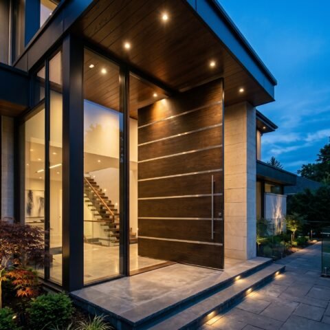 Shop a modern double heighted wood pivot door with rich dark wood finish, horizontal metal inlays, oversized proportions, and a premium architectural design for luxury entrances.