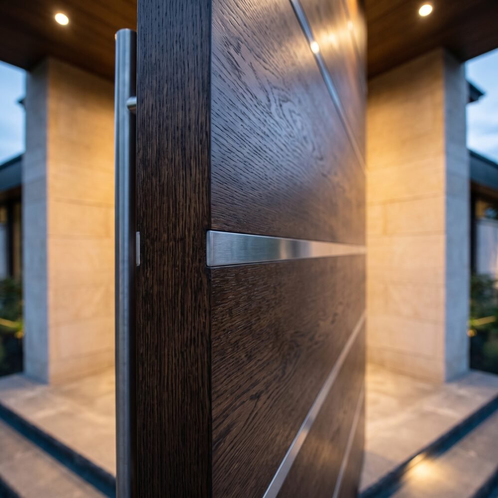 Shop a modern double heighted wood pivot door with rich dark wood finish, horizontal metal inlays, oversized proportions, and a premium architectural design for luxury entrances.