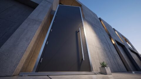 Double heighted modern gray architectural entry door with geometric diagonal detailing and long vertical handle