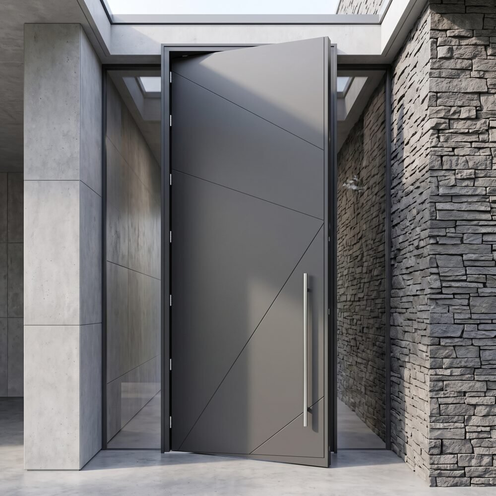 Double heighted modern gray architectural entry door with geometric diagonal detailing and long vertical handle