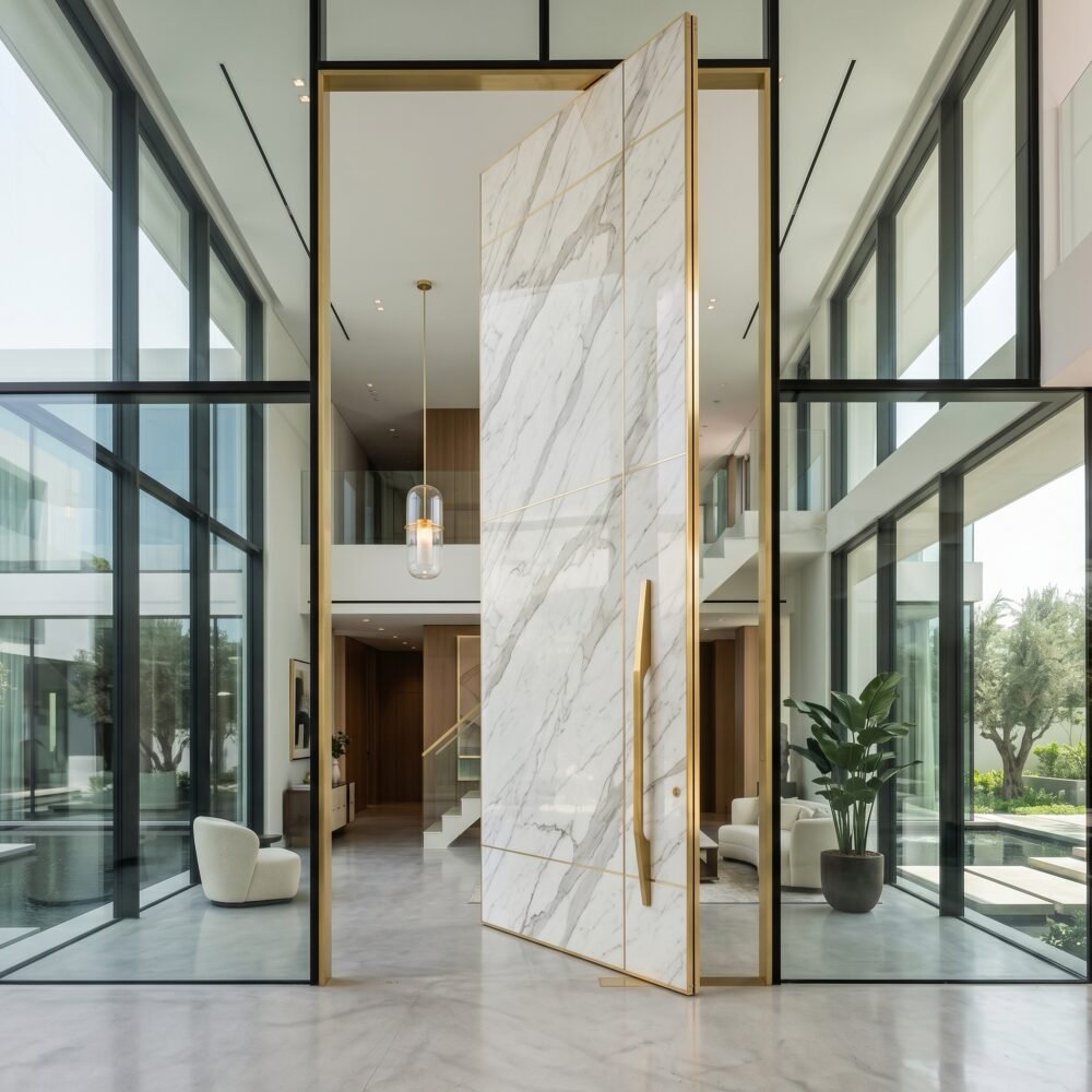 Double heighted white marble pivot door with gray veining, gold trim and vertical handle in a luxury modern interior