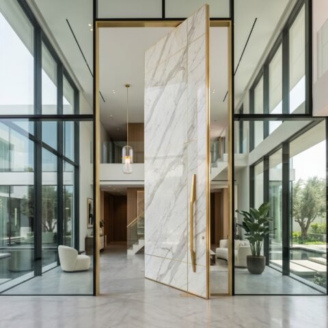 Double heighted white marble pivot door with gray veining, gold trim and vertical handle in a luxury modern interior