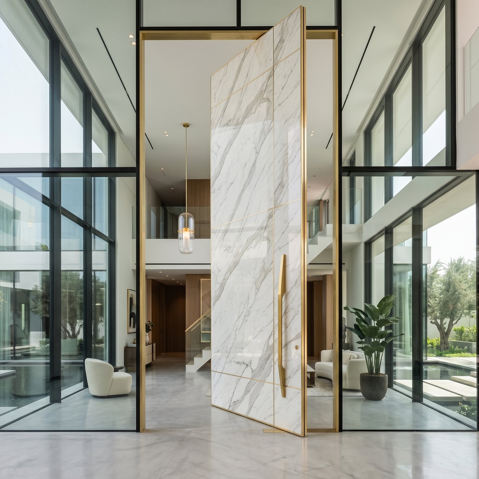 Double Heighted White Marble Pivot Door with Gold Architectural Details Double heighted white marble pivot door with gray veining, gold trim and vertical handle in a luxury modern interior