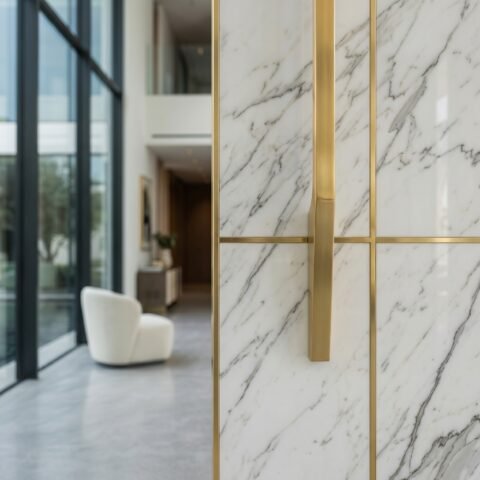 Double heighted white marble pivot door with gray veining, gold trim and vertical handle in a luxury modern interior