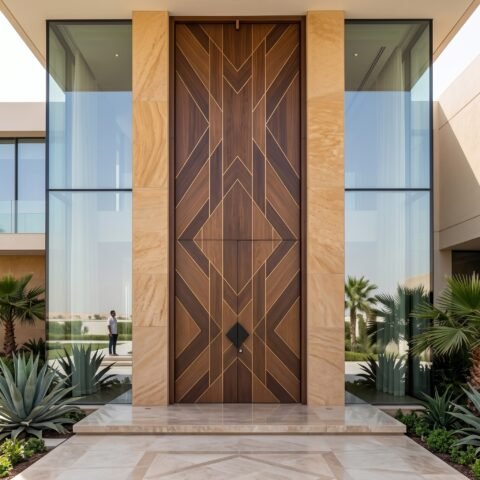 Luxury wooden Pivot Door Double Heighted Door with geometric design by Tarkhan Door Pakistan