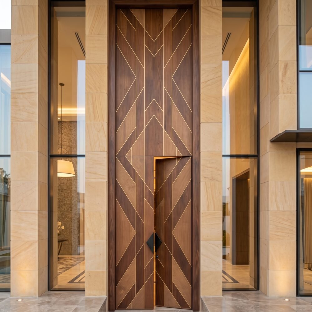 Luxury wooden Pivot Door Double Heighted Door with geometric design by Tarkhan Door Pakistan