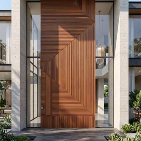 Luxury fluted Pivot Door Double Heighted Door with geometric wood design by Tarkhan Door Pakistan