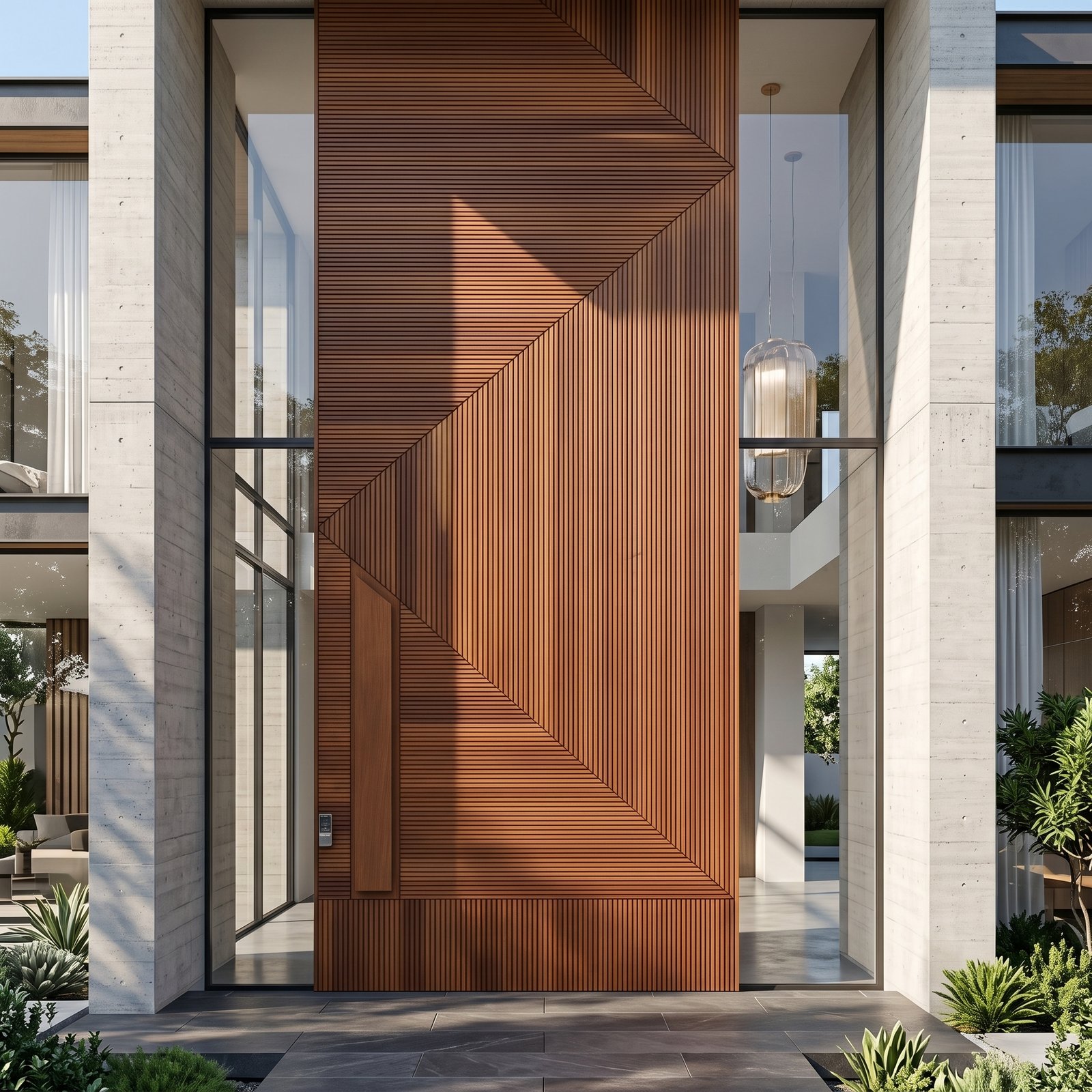 Tarkhan Door Luxury Fluted Pivot Door Double Heighted Entrance Luxury fluted Pivot Door Double Heighted Door with geometric wood design by Tarkhan Door Pakistan