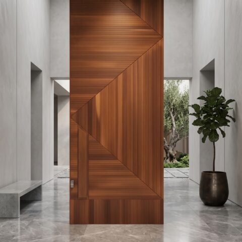 Luxury fluted Pivot Door Double Heighted Door with geometric wood design by Tarkhan Door Pakistan