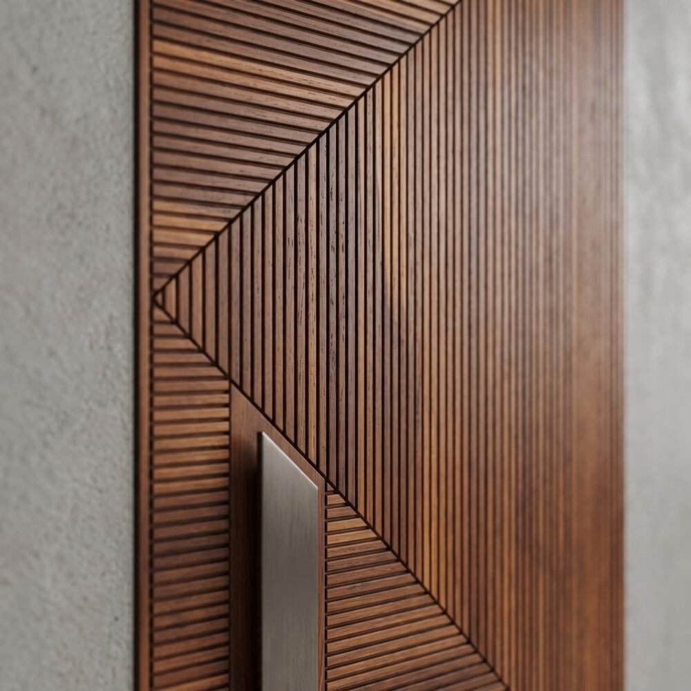Luxury fluted Pivot Door Double Heighted Door with geometric wood design by Tarkhan Door Pakistan