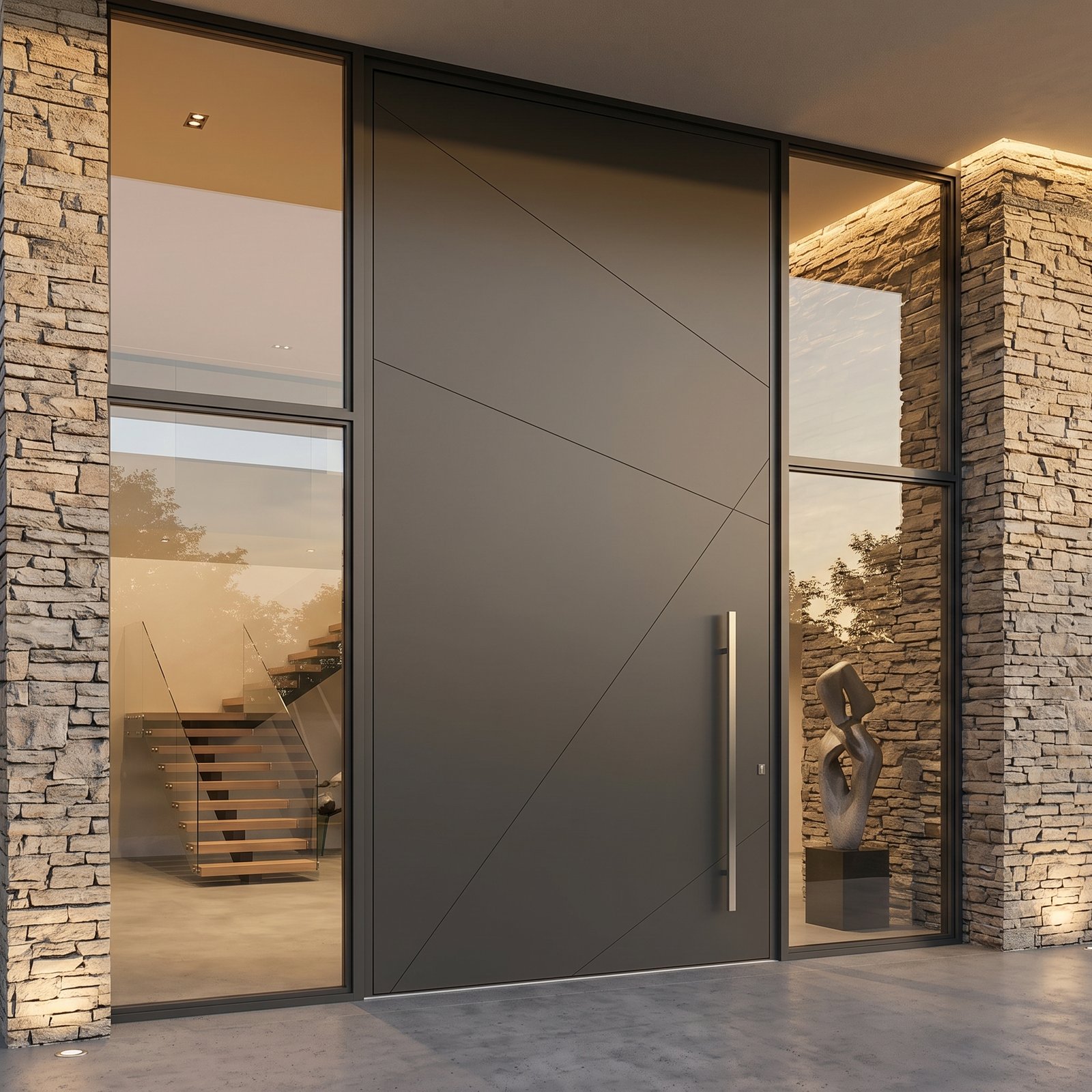Tarkhan Door Modern Matte Pivot Door Double Heighted Entrance Modern matte Pivot Door Double Heighted Door with geometric detailing by Tarkhan Door Pakistan