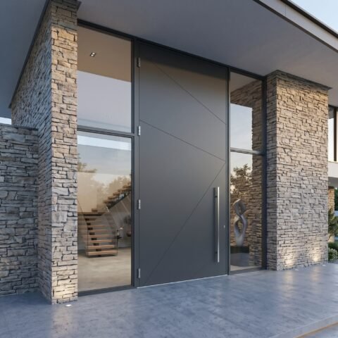 Modern matte Pivot Door Double Heighted Door with geometric detailing by Tarkhan Door Pakistan