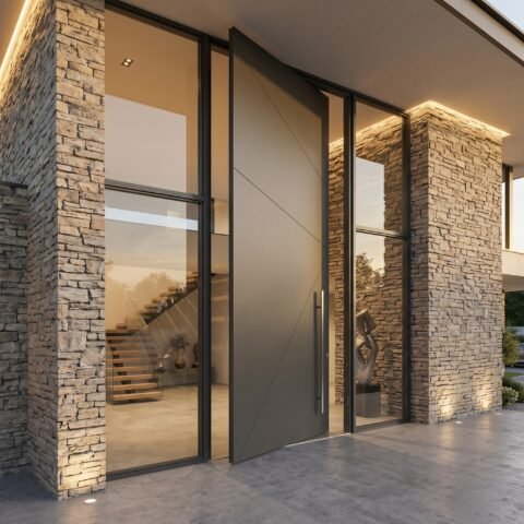 Modern matte Pivot Door Double Heighted Door with geometric detailing by Tarkhan Door Pakistan