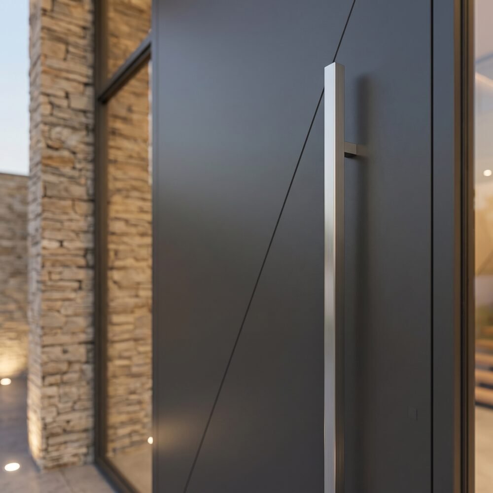 Modern matte Pivot Door Double Heighted Door with geometric detailing by Tarkhan Door Pakistan