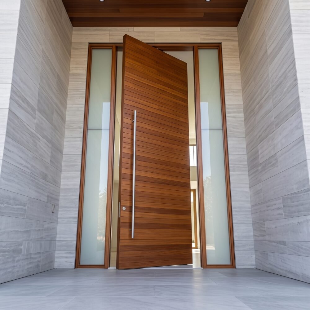 Luxury wooden Pivot Door Double Heighted Door with horizontal detailing and glass sidelights by Tarkhan Door
