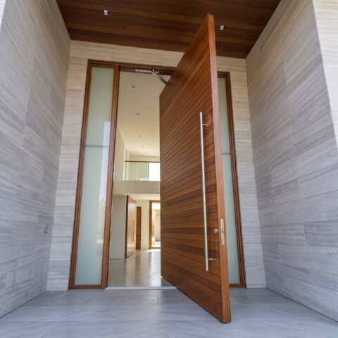 Luxury wooden Pivot Door Double Heighted Door with horizontal detailing and glass sidelights by Tarkhan Door