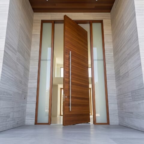 Luxury wooden Pivot Door Double Heighted Door with horizontal detailing and glass sidelights by Tarkhan Door