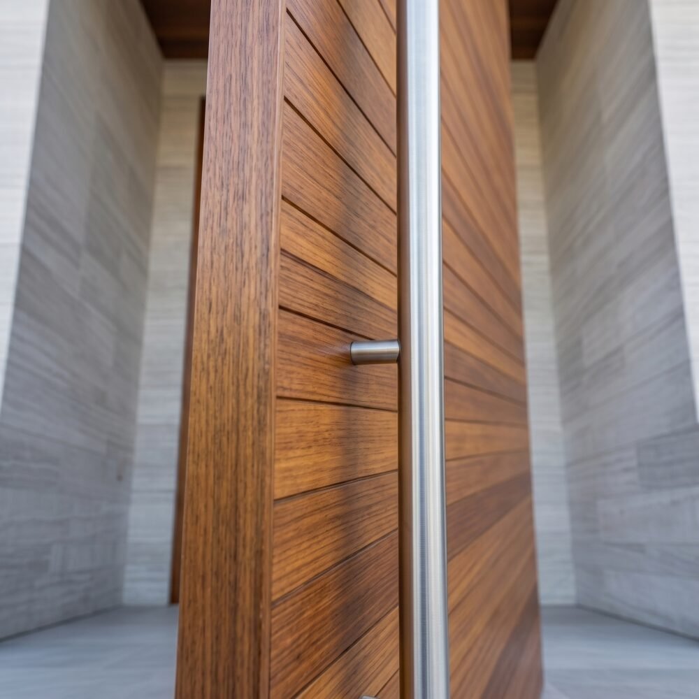 Luxury wooden Pivot Door Double Heighted Door with horizontal detailing and glass sidelights by Tarkhan Door