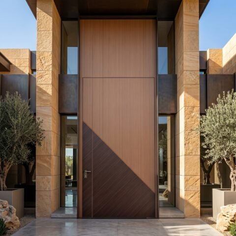 Luxury wooden Pivot Door Double Heighted Door with diagonal geometric design by Tarkhan Door