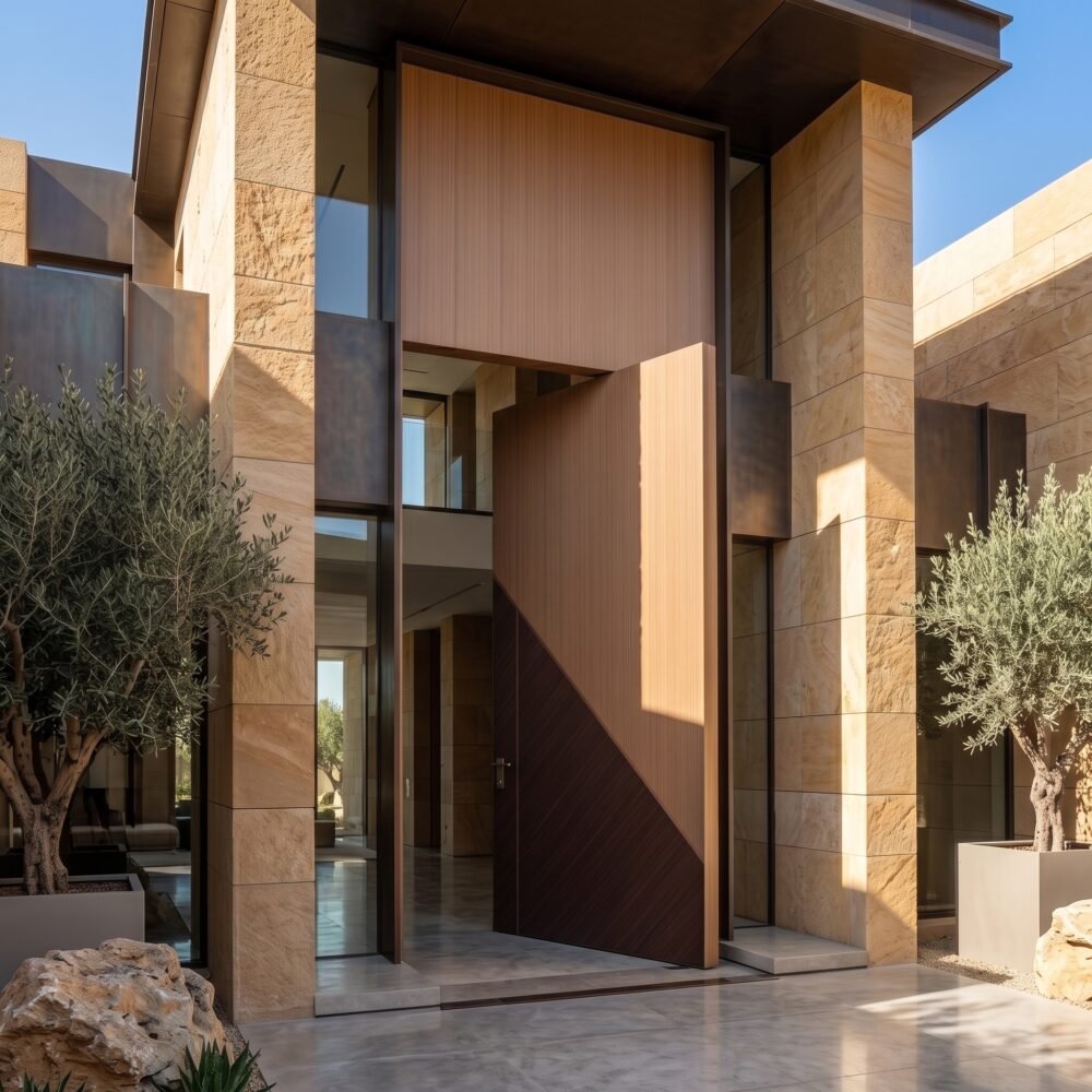 Luxury wooden Pivot Door Double Heighted Door with diagonal geometric design by Tarkhan Door