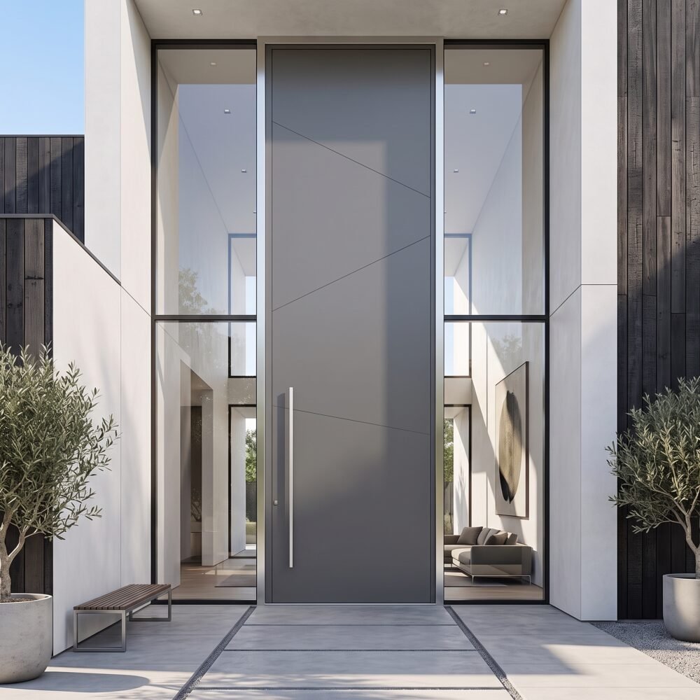 Modern matte gray Pivot Door Double Heighted Door with geometric detailing and glass sidelights by Tarkhan Door