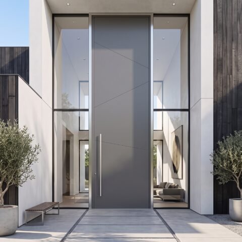 Modern matte gray Pivot Door Double Heighted Door with geometric detailing and glass sidelights by Tarkhan Door