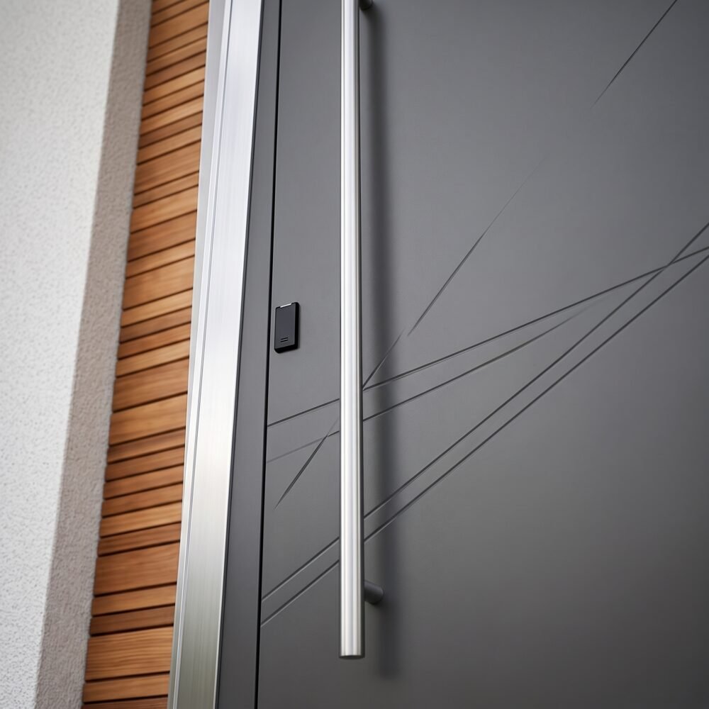 Modern matte gray Pivot Door Double Heighted Door with geometric detailing and glass sidelights by Tarkhan Door