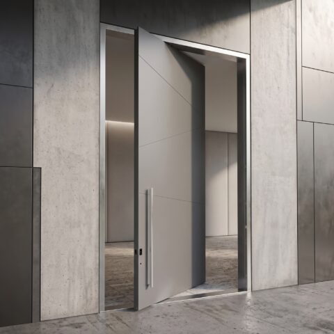Modern matte gray Pivot Door Double Heighted Door with geometric detailing and glass sidelights by Tarkhan Door