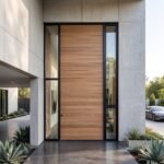Tarkhan Door Double Heighted Door with natural wood finish, horizontal detailing and full-height glass sidelights