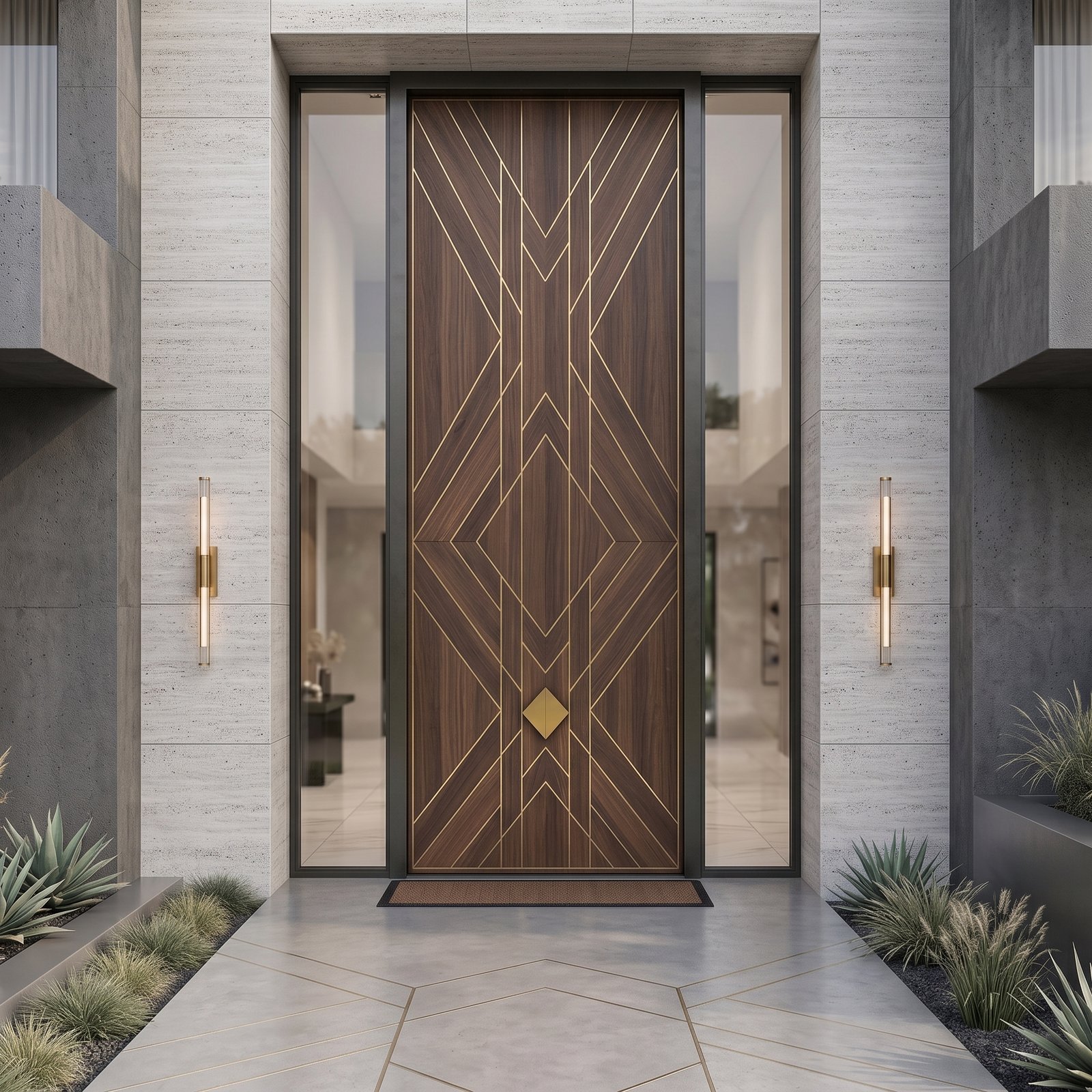 Tarkhan Door Double Hieghted Wood Pivot Door with Geometric Gold Inlay Tarkhan Door Double Hieghted Door with dark wood finish, geometric gold inlay and glass sidelights at a luxury entrance