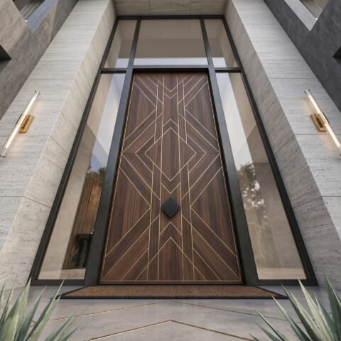 Tarkhan Door Double Hieghted Door with dark wood finish, geometric gold inlay and glass sidelights at a luxury entrance