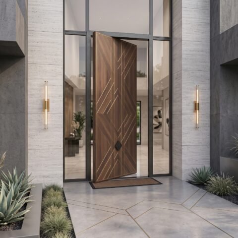 Tarkhan Door Double Hieghted Door with dark wood finish, geometric gold inlay and glass sidelights at a luxury entrance