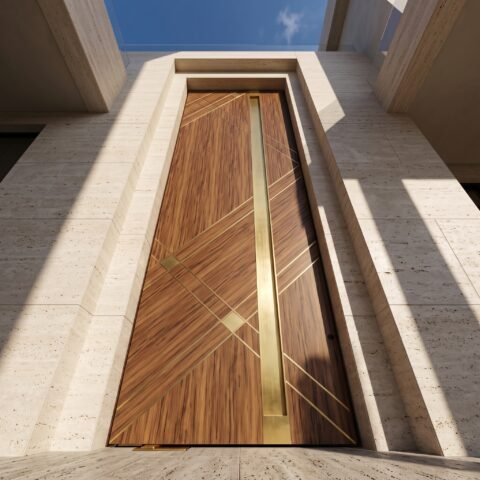 Tarkhan Door Double Hieghted Door with wood finish, gold geometric inlay, central accent and full-height glass sidelights