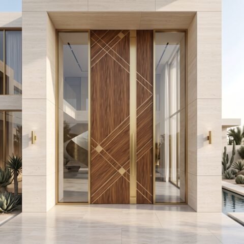 Tarkhan Door Double Hieghted Door with wood finish, gold geometric inlay, central accent and full-height glass sidelights