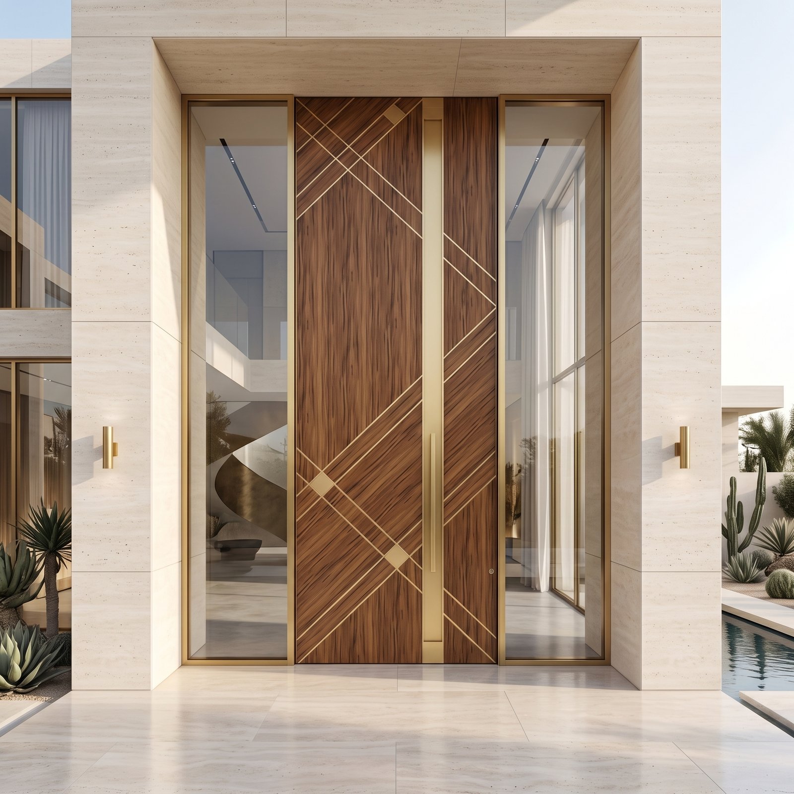 Tarkhan Door Double Hieghted Wood Pivot Door with Gold Geometric Inlay Tarkhan Door Double Hieghted Door with wood finish, gold geometric inlay, central accent and full-height glass sidelights