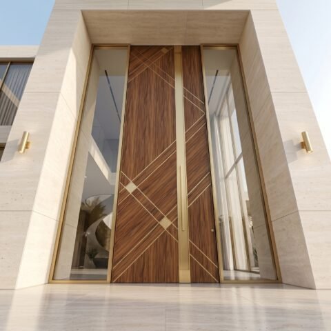 Tarkhan Door Double Hieghted Door with wood finish, gold geometric inlay, central accent and full-height glass sidelights