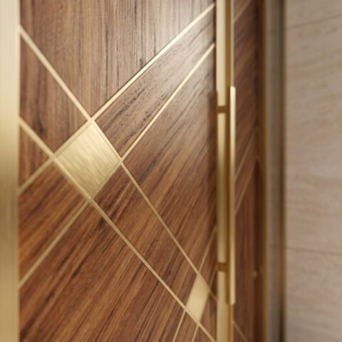 Tarkhan Door Double Hieghted Door with wood finish, gold geometric inlay, central accent and full-height glass sidelights