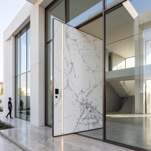 Tarkhan Door Double Hieghted Door with white marble finish, gray veining, vertical metallic accent and dark frame
