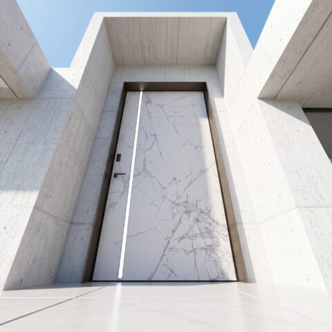 Tarkhan Door Double Hieghted Door with white marble finish, gray veining, vertical metallic accent and dark frame