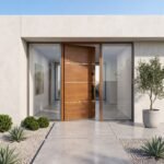 A large wooden double heighted pivot door with horizontal metal accents and glass side panels by Tarkhan Door.