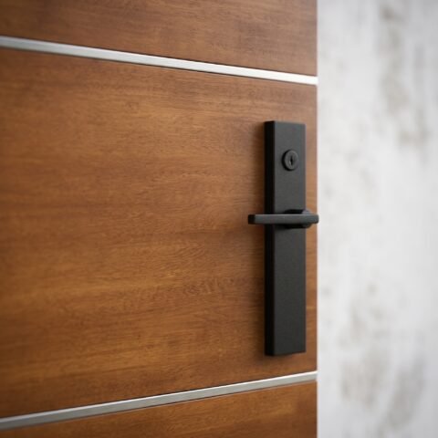 A large wooden double heighted pivot door with horizontal metal accents and glass side panels by Tarkhan Door.