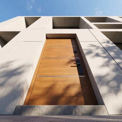 A large wooden double heighted pivot door with horizontal metal accents and glass side panels by Tarkhan Door.