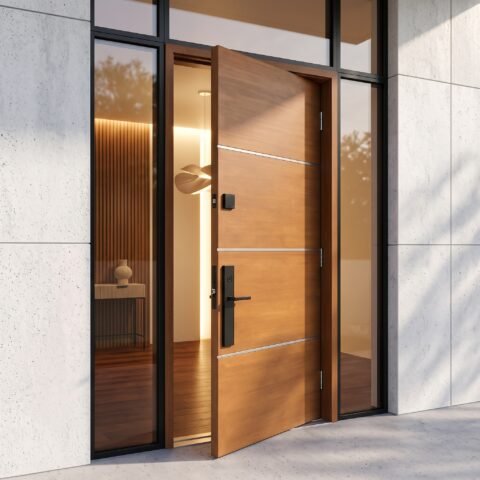 A large wooden double heighted pivot door with horizontal metal accents and glass side panels by Tarkhan Door.